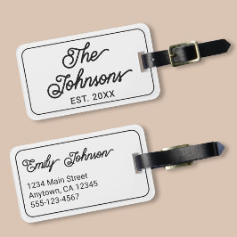 Personalized Family Name in Elegant Script White Bagagebricka