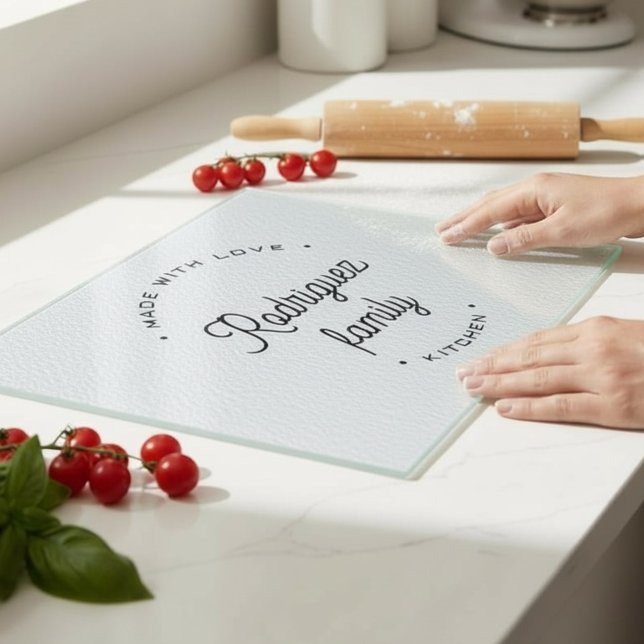 Personalized Family Name KITCHEN CHIC (Simple, chic personalized family glass cutting board )