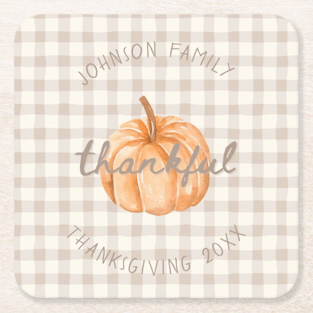 Personalized Family Name Thankful Neutral Gingham  Underlägg Papper Kvadrat (Framsidan)