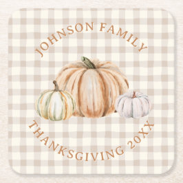 Personalized Family Name Thankful Neutral Gingham Underlägg Papper Kvadrat