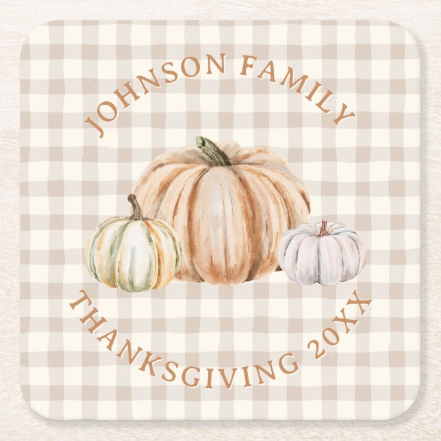 Personalized Family Name Thankful Neutral Gingham Underlägg Papper Kvadrat (Framsidan)