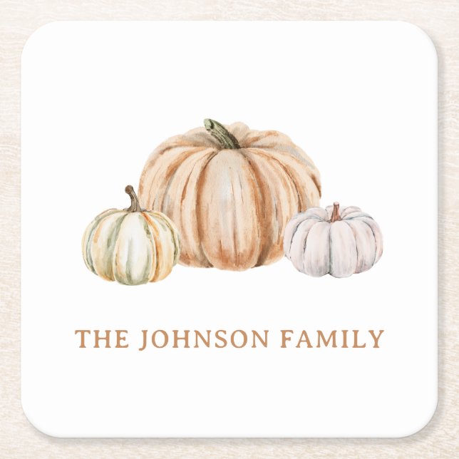 Personalized Family Name Thankful Neutral Pumpkin Underlägg Papper Kvadrat (Framsidan)
