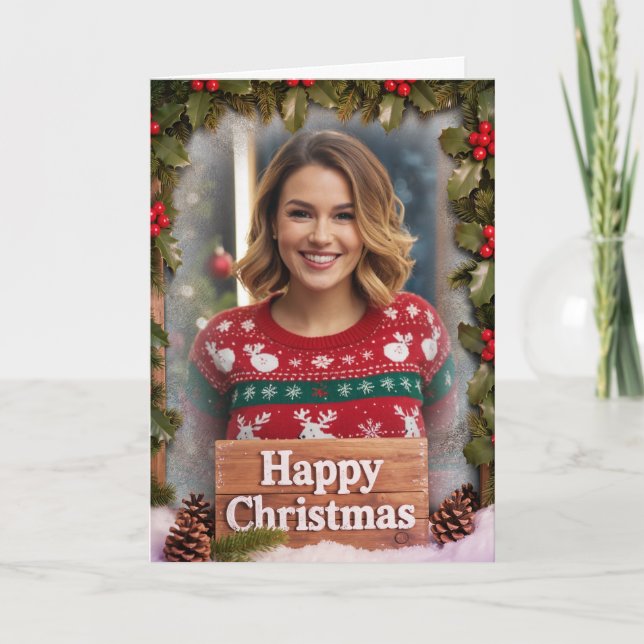 Personalized Family Photo Christmas Rustic Wood Kort (Framsida)
