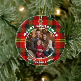 Personalized Family Photo Plaid Pattern Christmas  Julgransprydnad Keramik