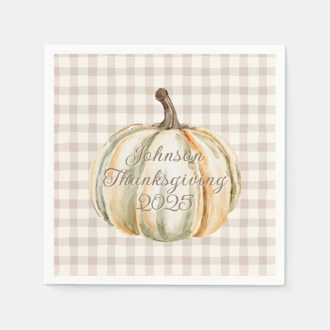 Personalized Family Thanksgiving Neutral Gingham  Pappersservett (Framsidan)