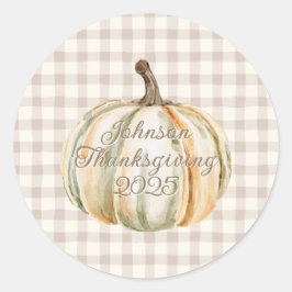 Personalized Family Thanksgiving Neutral Gingham Runt Klistermärke