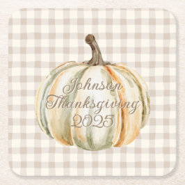 Personalized Family Thanksgiving Neutral Gingham Underlägg Papper Kvadrat