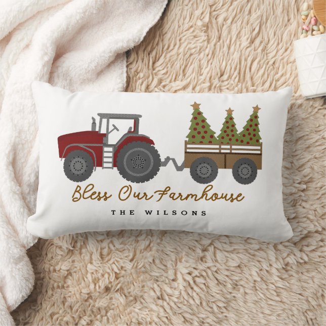 Personalized Farmhouse Christmas Tractor Lumbarkudde (Filt)