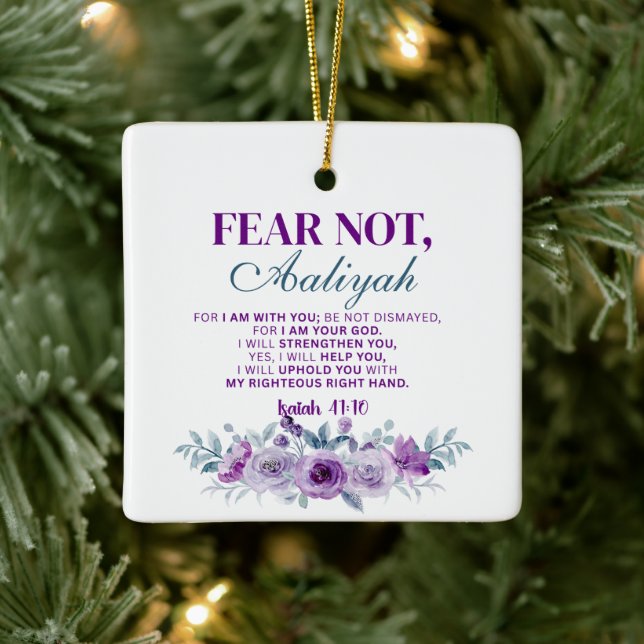 Personalized Fear Not Isaiah 41:10 Purple Floral Julgransprydnad Keramik (Träd)