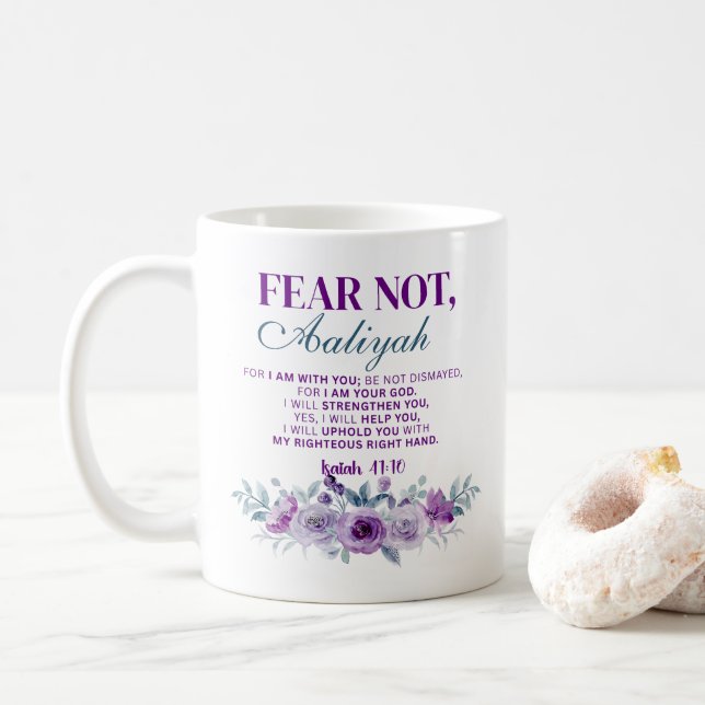 Personalized Fear Not Isaiah 41:10 Purple Floral Kaffemugg (Med munk)