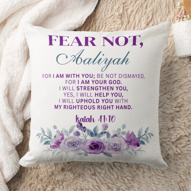 Personalized Fear Not Isaiah 41:10 Purple Floral Kudde (Filt)