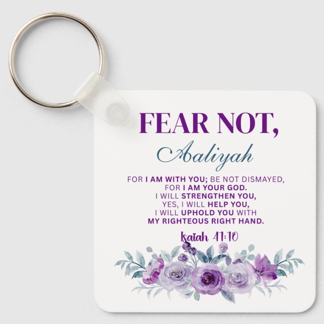 Personalized Fear Not Isaiah 41:10 Purple Floral Nyckelring (Framsida)