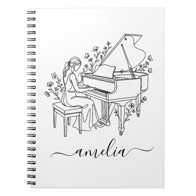 Personalized Female Piano Player Line Drawing      Anteckningsbok (Framsidan)