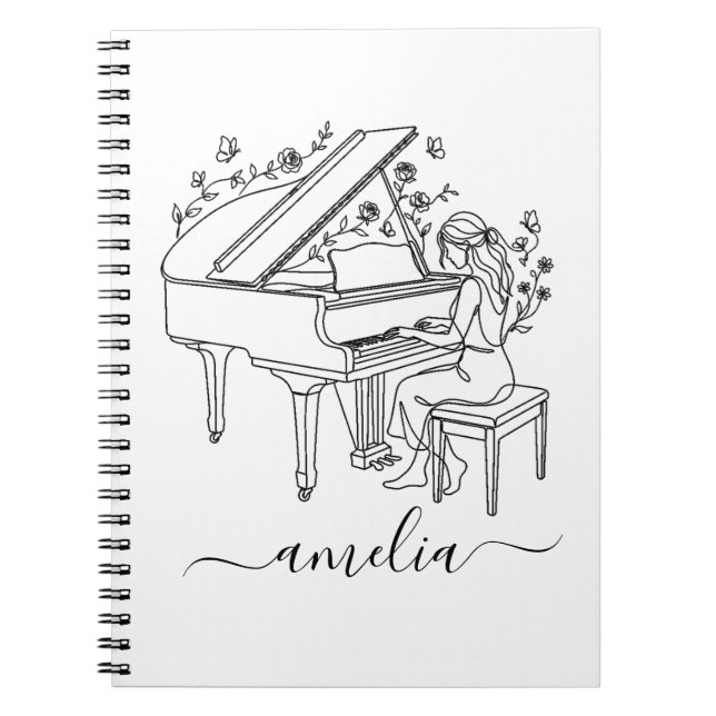 Personalized Female Piano Player Line Drawing      Anteckningsbok (Framsidan)