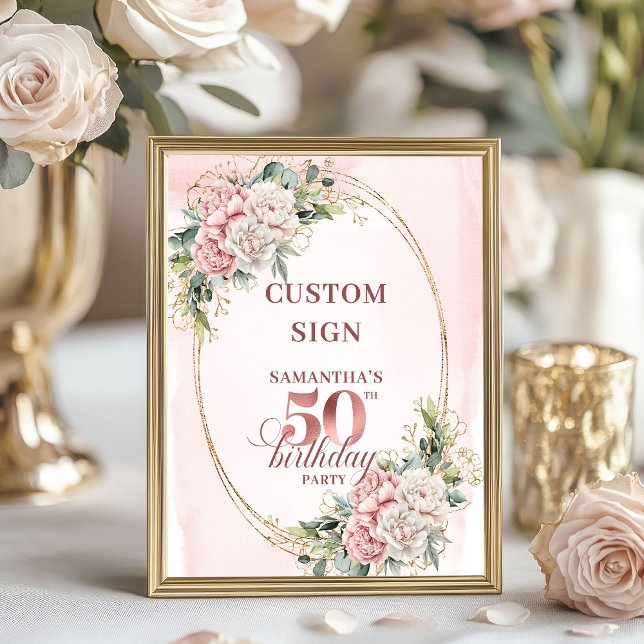 Personalized Feminine Rose Gold 50th Birthday Sign Poster (Personalized Feminine Rose Gold 50th Birthday Custom Sign)