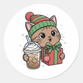Personalized Festive Cat & Iced Latte Round Sticke Runt Klistermärke