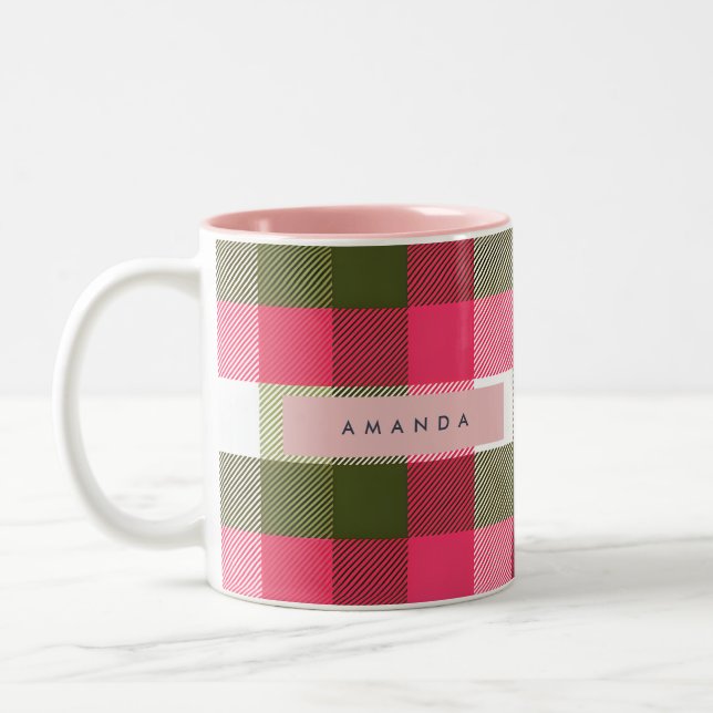 Personalized Festive Pink and Green Plaid Två-Tonad Mugg (Vänster)