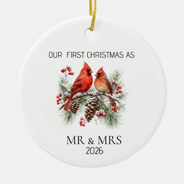 Personalized First Christmas Mr Mrs Cardinal Ornam Julgransprydnad Keramik (Framsidan)