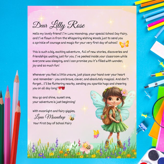 Personalized First Day of School Fairy Letter  Inbjudningar (Personalized First Day of School Fairy Letter Printable – Luna Moondrop)