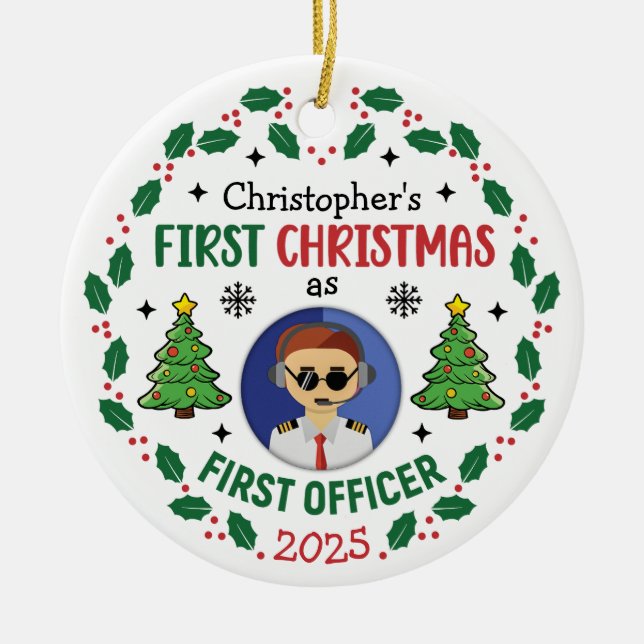 Personalized First Officer Custom Name Christmas Julgransprydnad Keramik (Framsidan)
