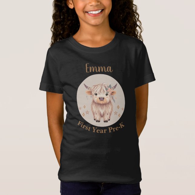 Personalized First Year PreK Cute Highland Cow T Shirt (Framsida)