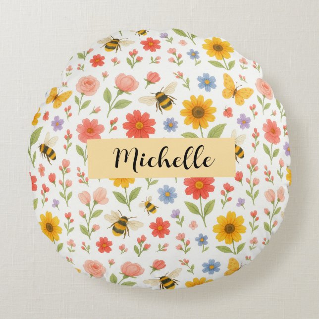 Personalized Floral Bee Round Pillow Rund Kudde (Framsidan)