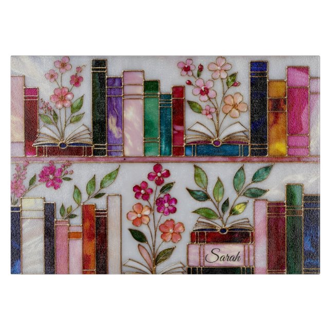 Personalized Floral Bookshelf Glass Cutting Board (Framsidan)