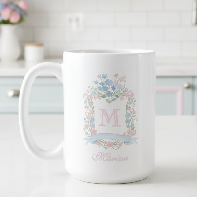 Personalized Floral Crest Mug Kaffemugg (pretty preppy grandmillennial vintage mug with family crest monogram script calligraphy typography)