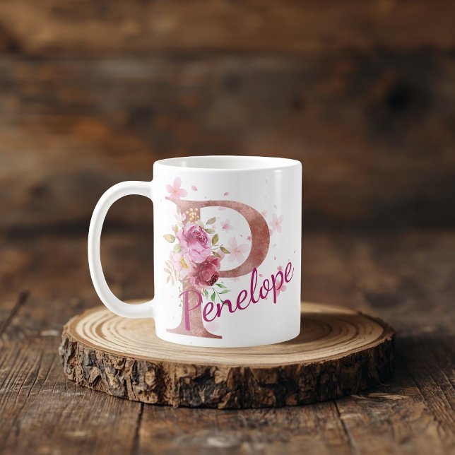 Personalized Floral Initial Mug – Letter P Kaffemugg (Skapare uppladdad)