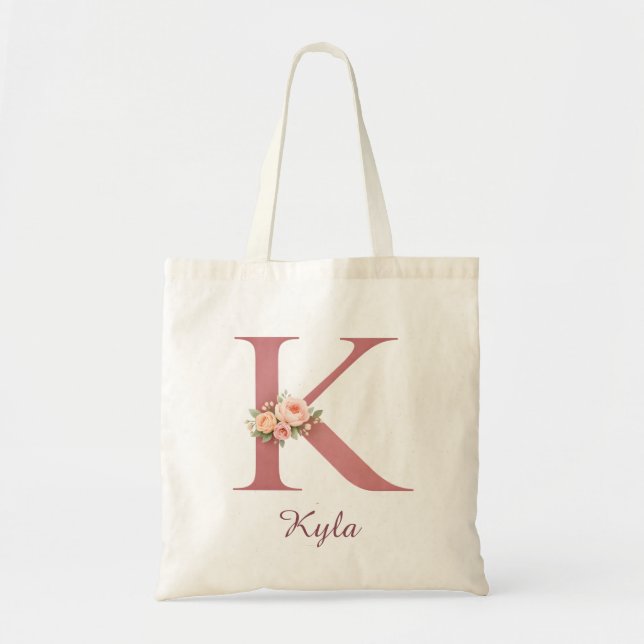 Personalized Floral Letter K Monogram Tote Tygkasse (Framsidan)