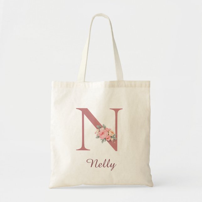 Personalized Floral Letter N Monogram Tote Tygkasse (Framsidan)