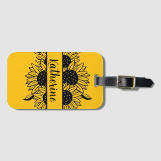 Personalized Floral line drawing sunflowers name Bagagebricka