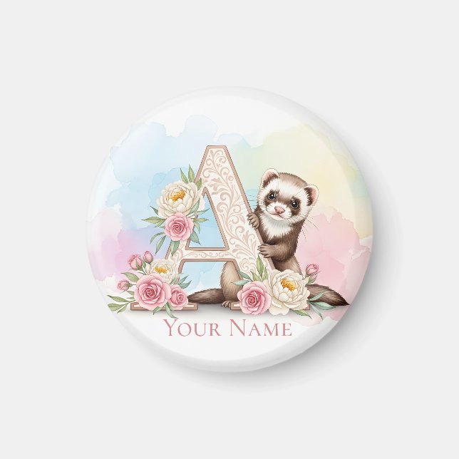 Personalized Floral Monogram 'A' with Cute Ferret  Magnet (Framsidan)
