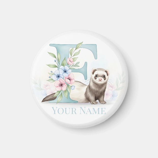 Personalized Floral Monogram 'F' with Cute Ferret  Magnet (Framsidan)