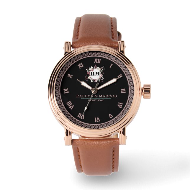 Personalized Floral Monogram for Newlyweds Armbandsur (Framsida)