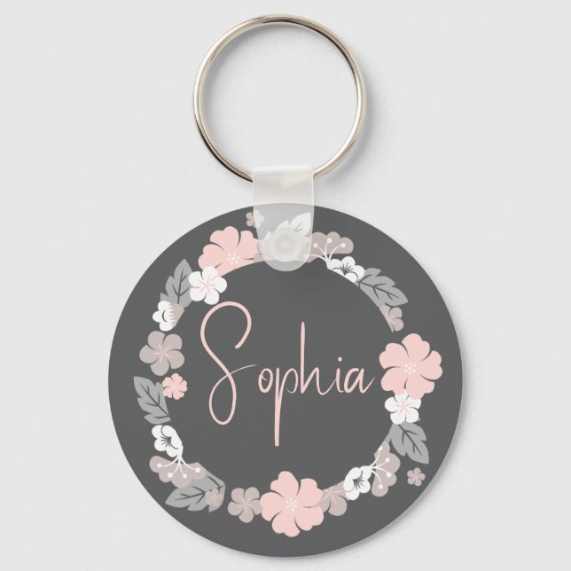 Personalized Floral Name Pink Nyckelring (Framsida)