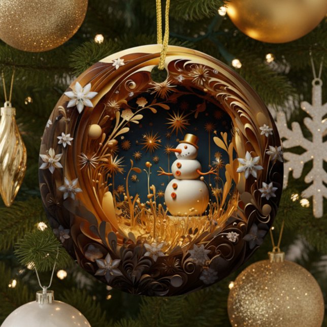 Personalized Floral Snowman Christmas Julgransprydnad Keramik (cute elegant teal gold snowman personalized Christmas ornament keepsake with custom family name year)