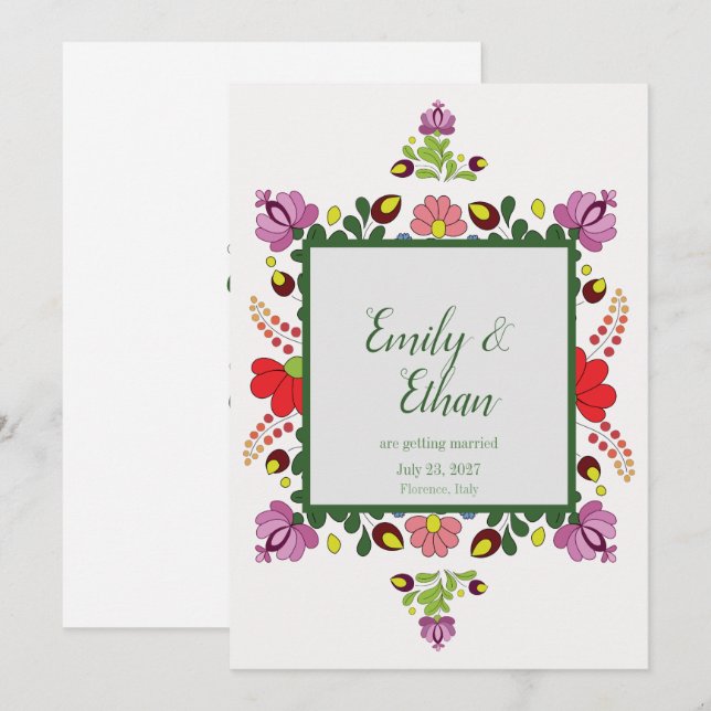 Personalized Folk Floral Wedding & Back Design Inbjudningar (Fram/baksida)