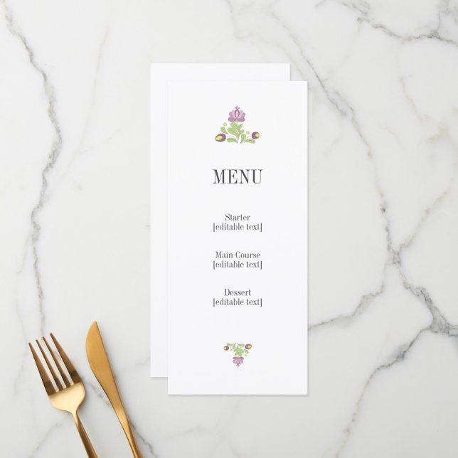 Personalized Folk Floral Wedding Menu Card Meny (Fram/Back In Situ)