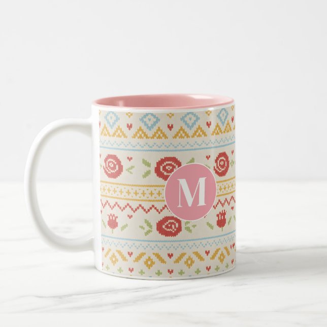Personalized Folk Nordic Boho Floral Pattern Två-Tonad Mugg (Vänster)