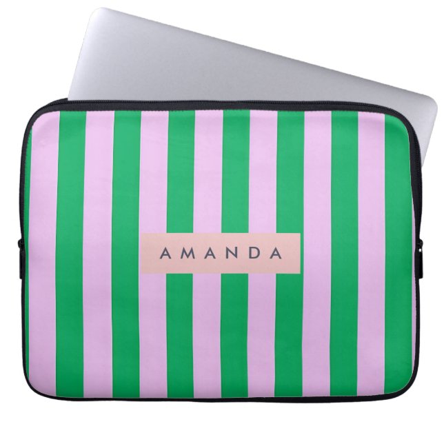 Personalized Fresh Green and Pink Striped Retro Laptop Fodral (Framsidan)