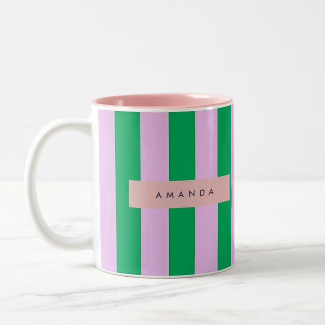Personalized Fresh Green and Pink Striped Retro Två-Tonad Mugg (Vänster)