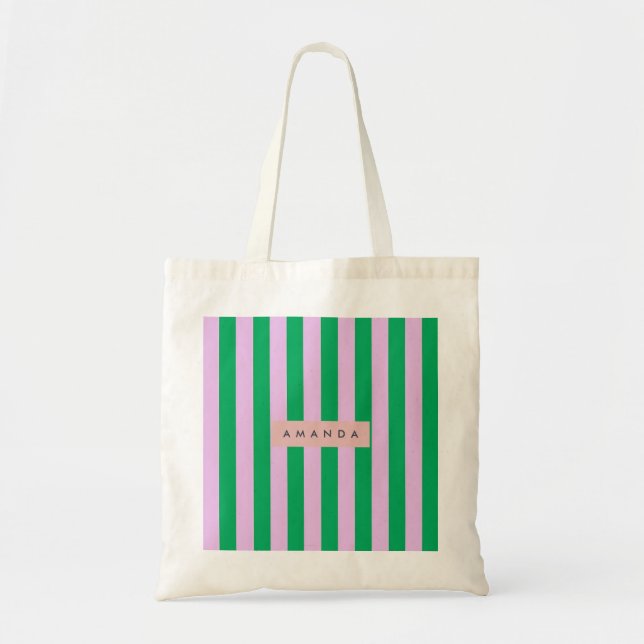 Personalized Fresh Green and Pink Striped Retro Tygkasse (Framsidan)
