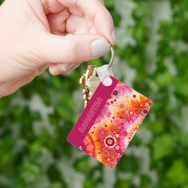 Personalized Fun Retro Orange Hot Pink Art Pattern Nyckelring (Hand)