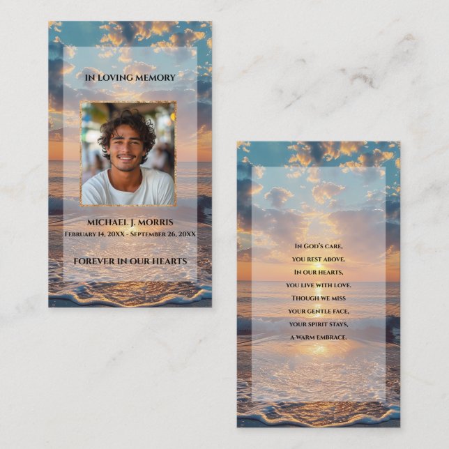 Personalized Funeral Prayer Card – Sunset Design Visitkort (Fram/baksida)