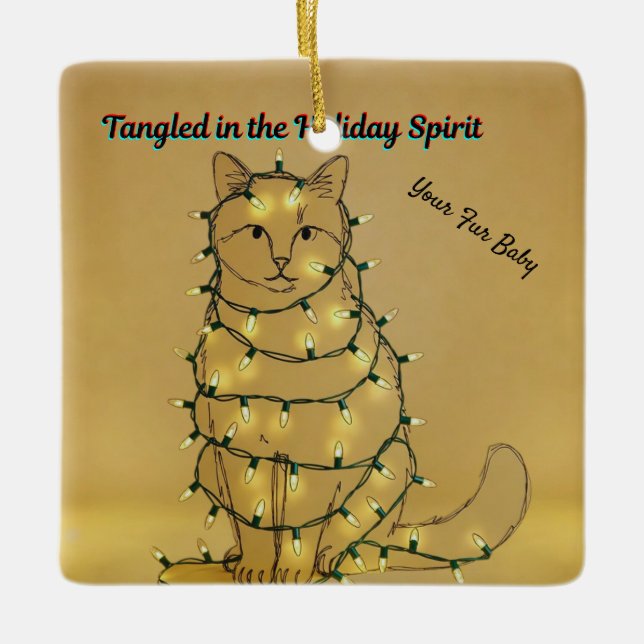 Personalized Funny Cat Tangled in Lights Julgransprydnad Keramik (Framsida)