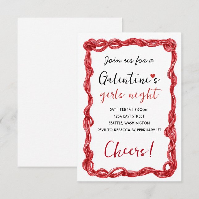 Personalized Galentines Red Party Invitation OSA Kort (Fram/baksida)