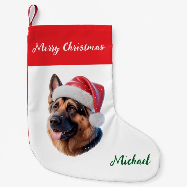 Personalized German Shepherd Dog in Santa Hat      Liten Julstrumpa (Framsidan)