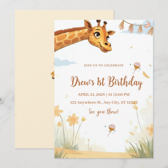 Personalized Giraffe Safari Birthday Invitation Inbjudningar (Fram/baksida)