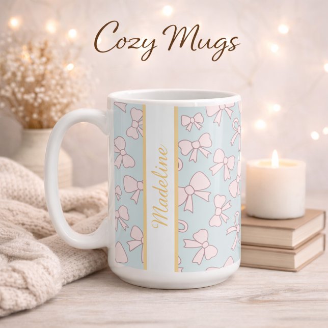 Personalized Girl Cute Bow Name Blue Pink Kaffemugg (Skapare uppladdad)